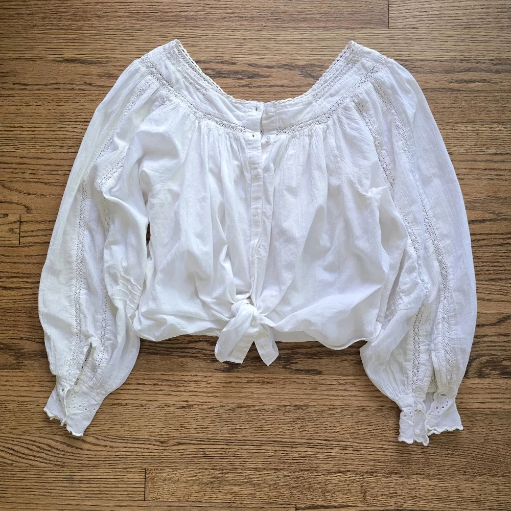 FREE PEOPLE White Cream Cotton Blouse Lace Eyelet Reversible XS